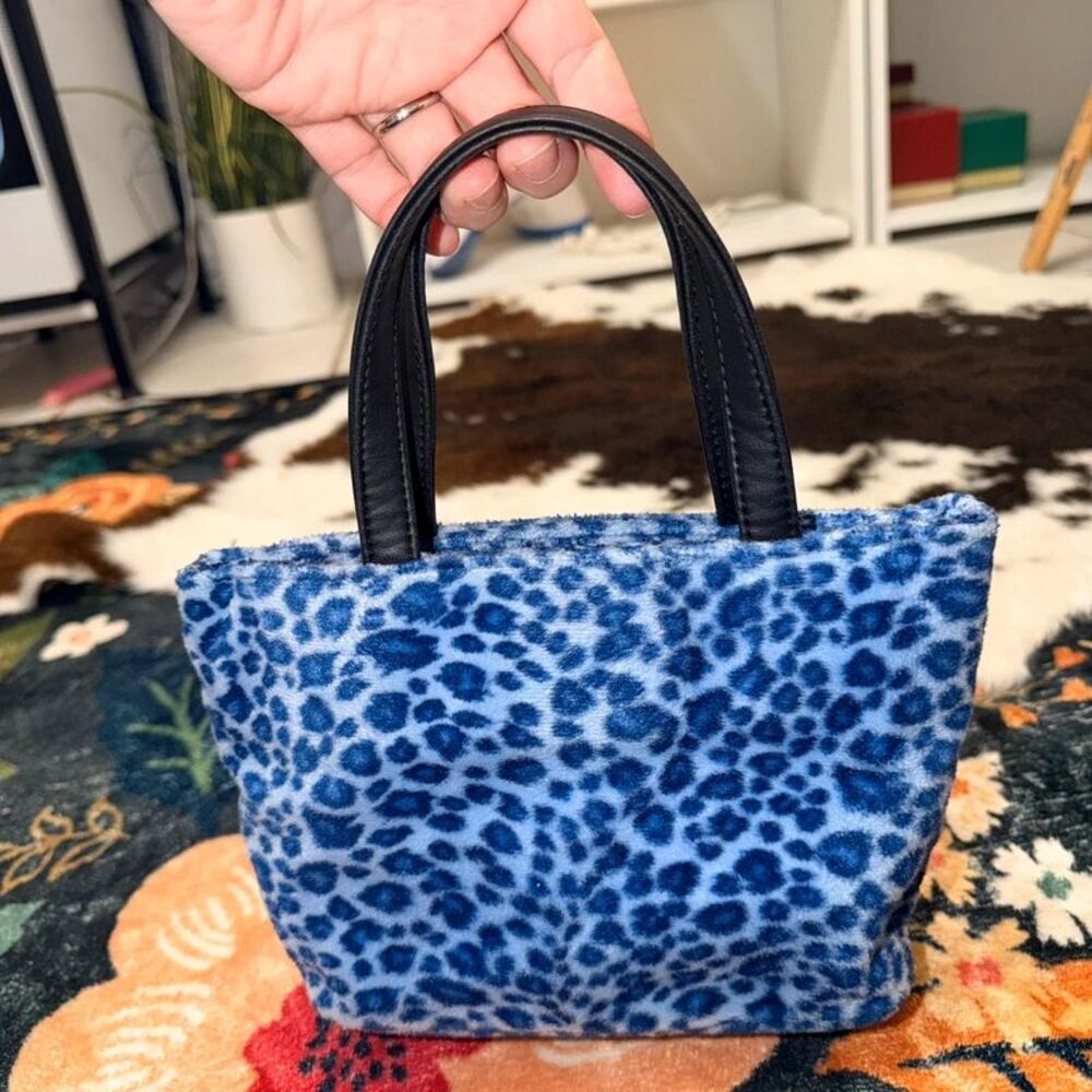 Vintage Y2K Nine West Blue Leopard Faux Fur Mini Tote Crossbody Bag